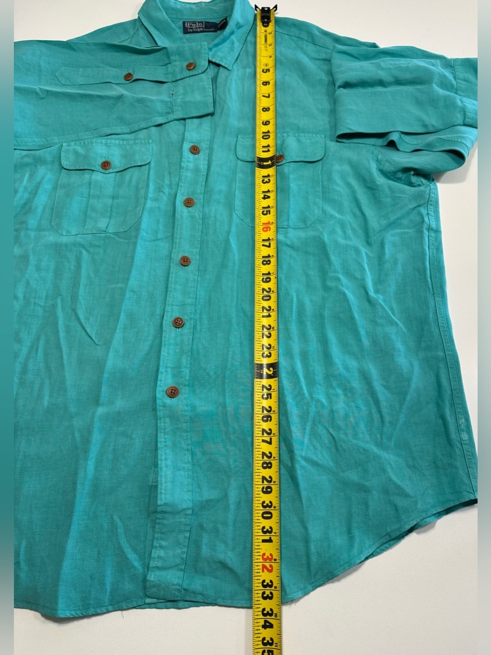 VTG Polo Ralph Lauren Linen Silk Safari Utility Button Shirt Men’s 2XL Teal Blue - Picture 7 of 8